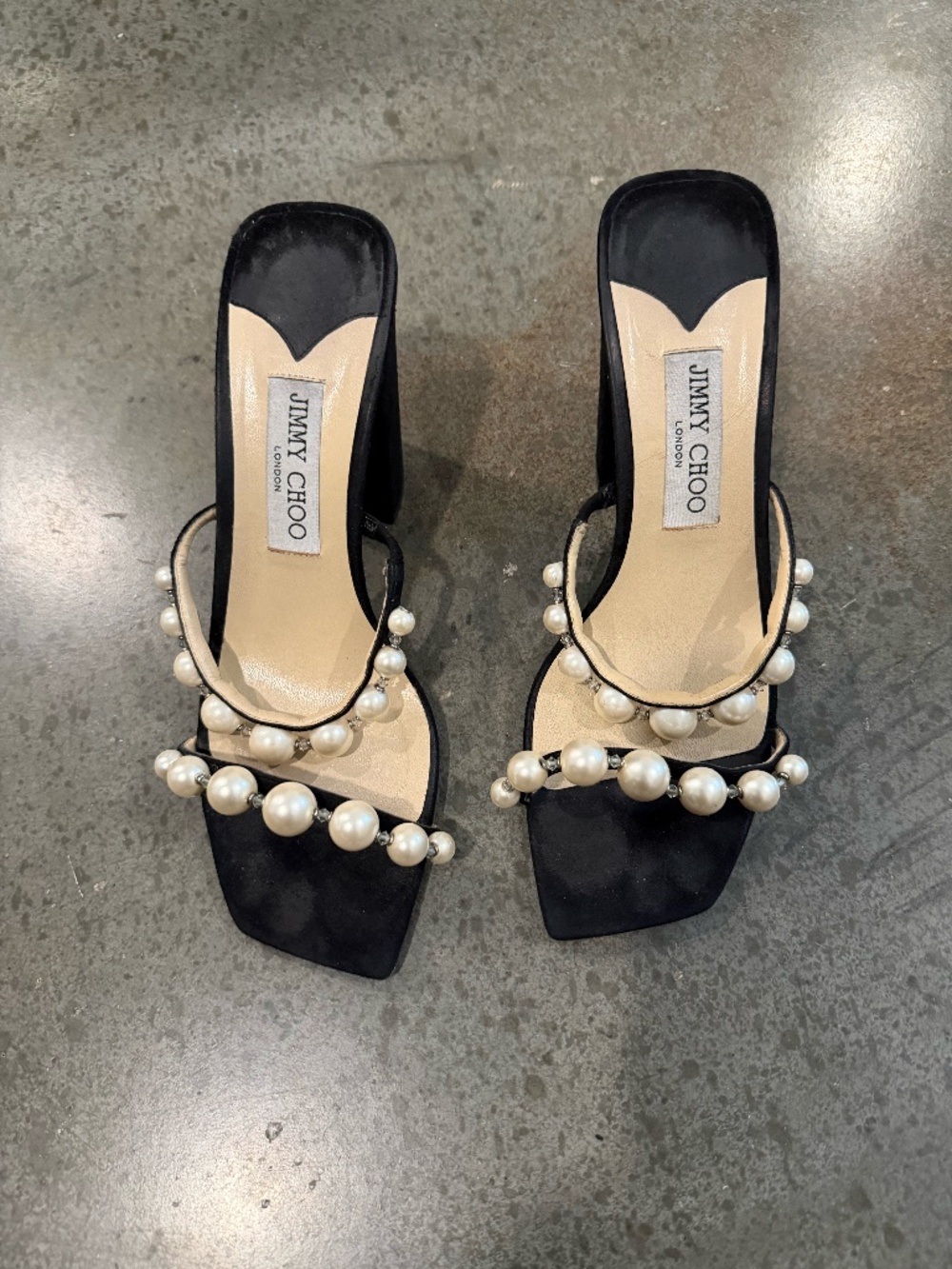 Jimmy Choo Amara Pearl Embellished Black Suede Mules Heels Size 39